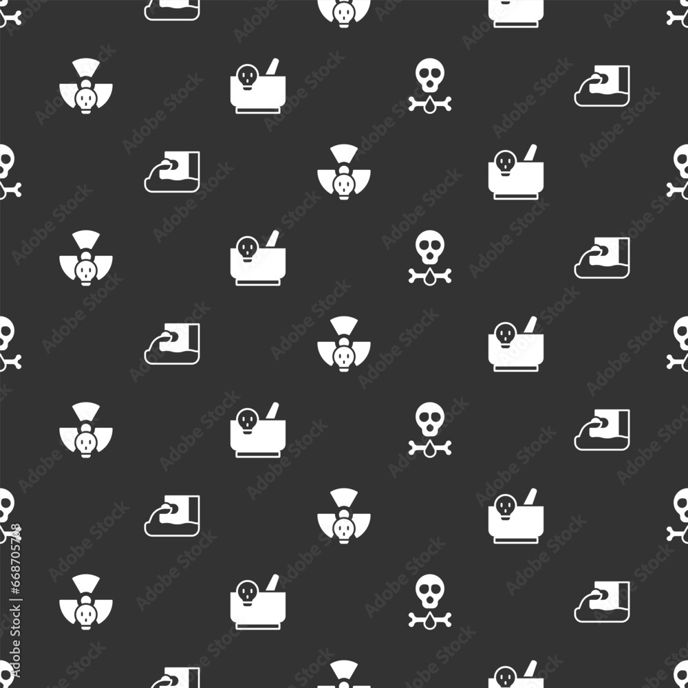 Set Bones and skull, Wastewater, Radioactive and Mortar pestle on seamless pattern. Vector Set Bones and skull, Wastewater, Radioactive and Mortar pestle on seamless pattern. Vector