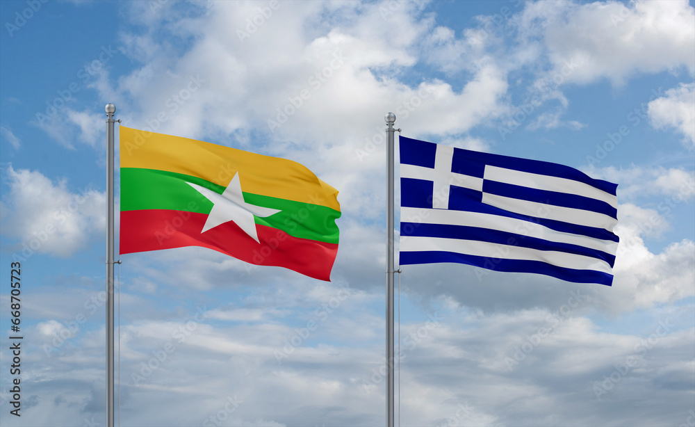 Greece and Myanmar flags, country relationship concept Greece and Myanmar flags, country relationship concept