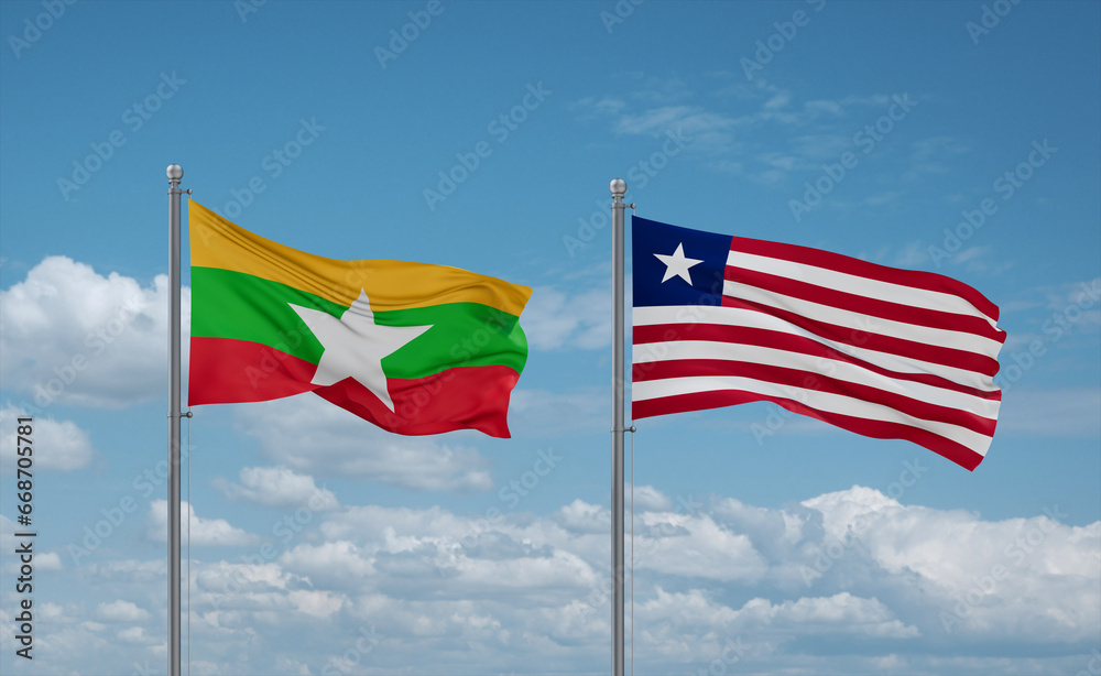 Liberia and Myanmar flags, country relationship concept
