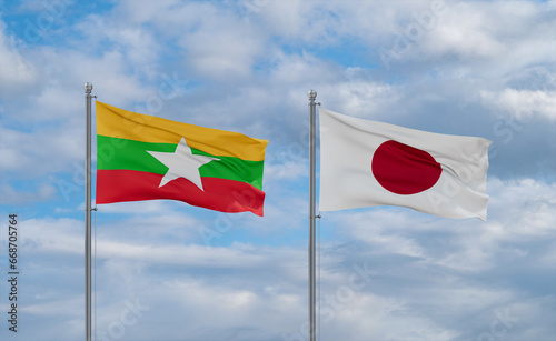 Japan and Myanmar flags, country relationship concept