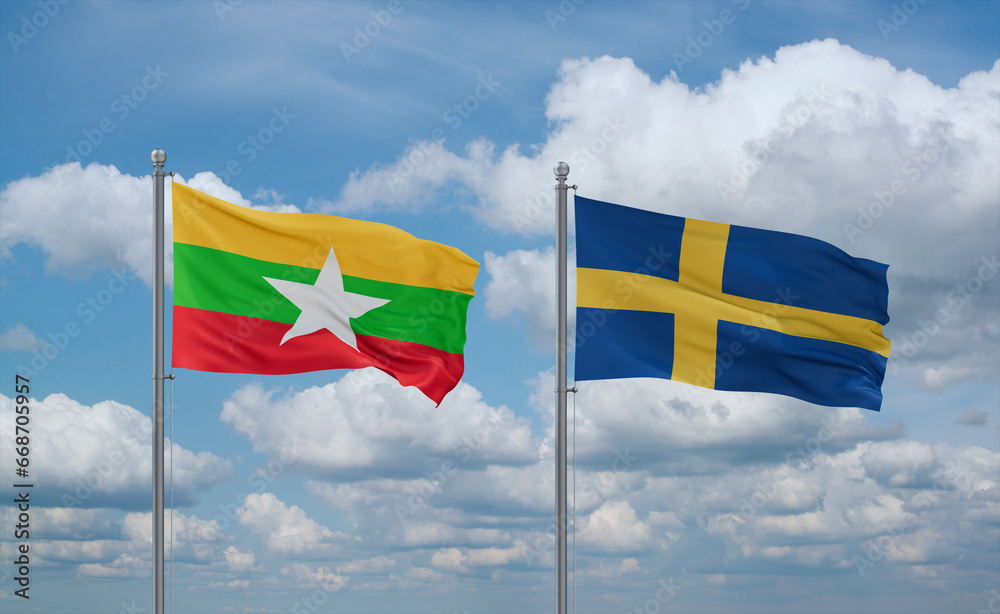 Sweden and Myanmar flags, country relationship concept Sweden and Myanmar flags, country relationship concept