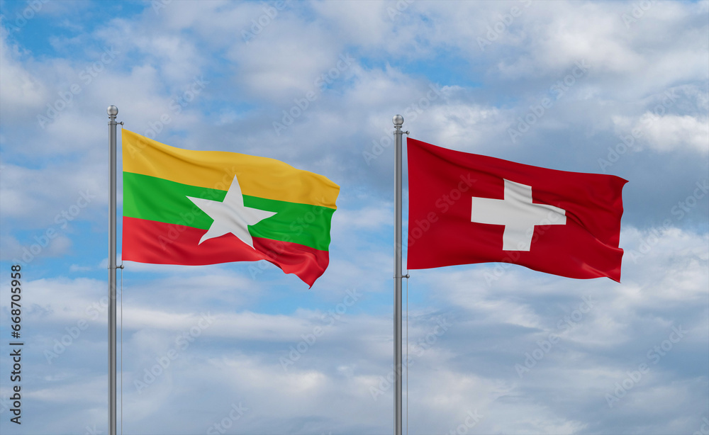 Switzerland and Myanmar flags, country relationship concept