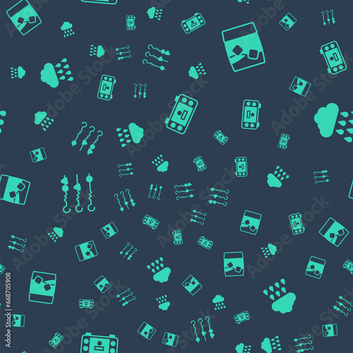 Set Portable video game console, Glass of whiskey with ice, Grilled shish kebab skewer and Cloud rain on seamless pattern. Vector