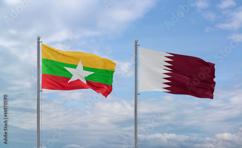 Qatar and Myanmar flags, country relationship concept