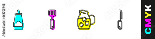 Set Sauce bottle, Spatula, Jug glass with water and Knife icon. Vector