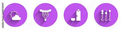 Set Sun and cloud weather, Sausage on fork, Thermos container and Grilled shish kebab skewer icon with long shadow. Vector
