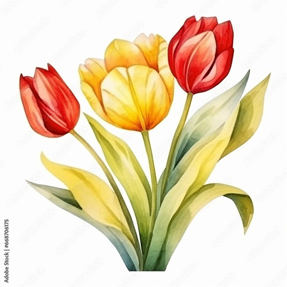 Beautiful color pink, yellow and purple tulip flower with leaves watercolor paint on white. Generated AI