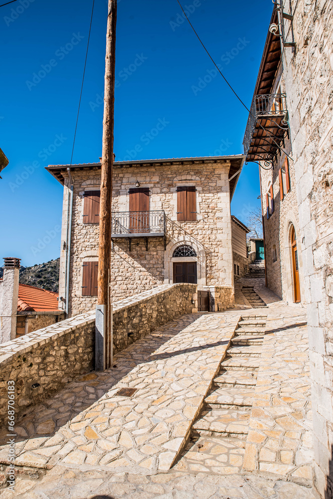 Traditional village of Dimitsana, in Arcadia, Peloponnese, Greece on a beautiful winter day