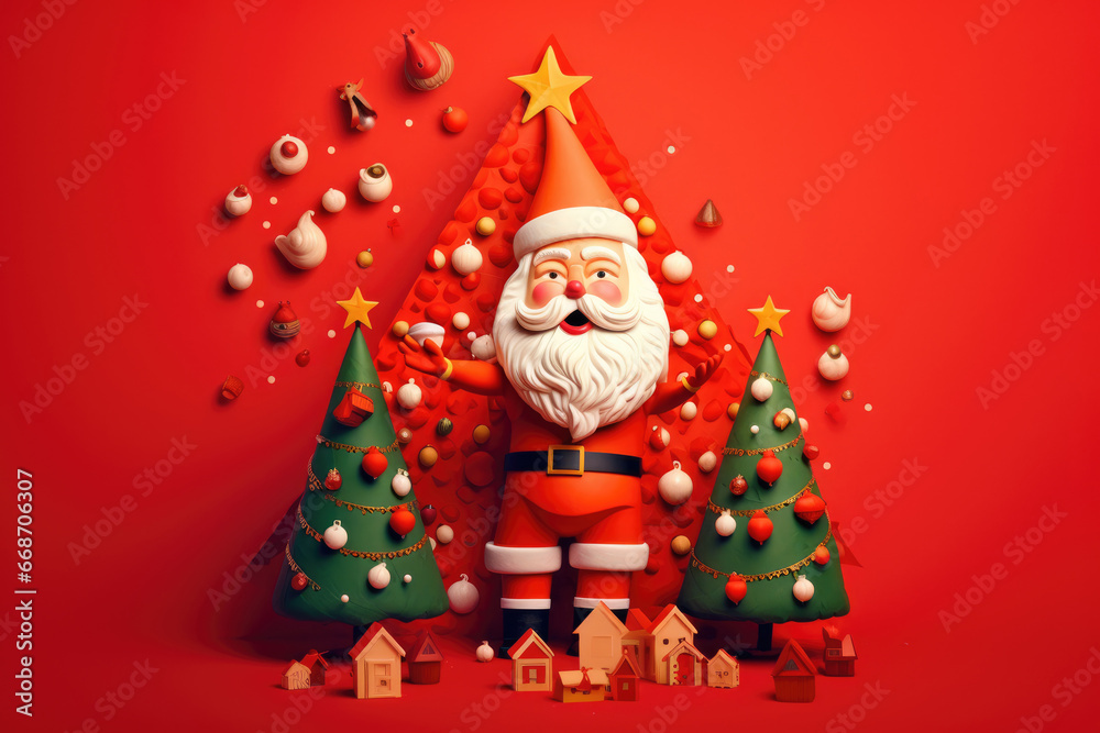 Festive Santa toy and Christmas Tree Scene on red background Festive Santa toy and Christmas Tree Scene on red background