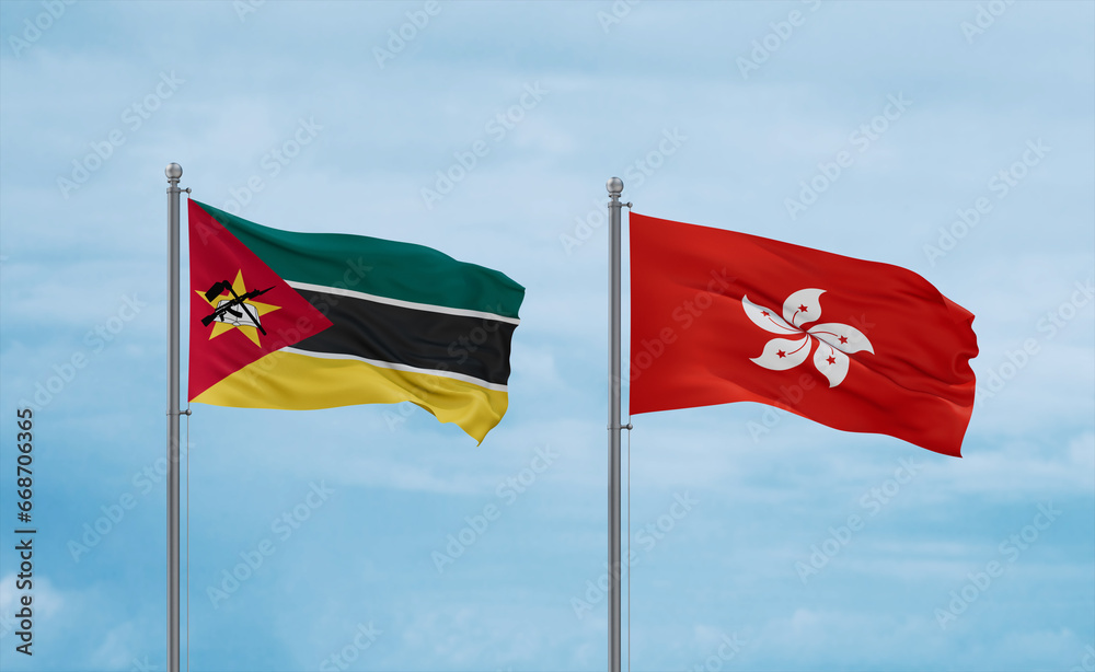 Hong Kong and Mozambique flags, country relationship concept