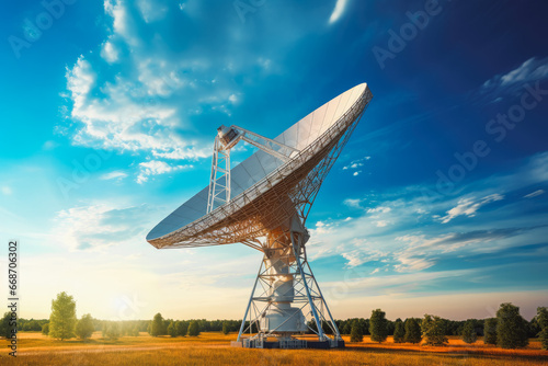 Radio telescope antenna. Disk for radio reception. Antennae observatory science. photo