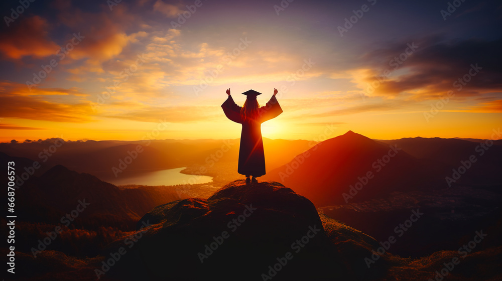 Fototapeta premium Cheerful young woman celebrating graduation on mountain top