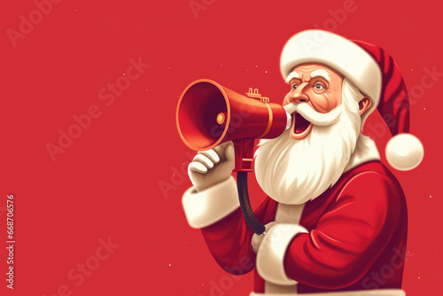 Retro vintage pop art Poster of Santa Claus with Megaphone, Festive Announcement of merry christmas and a happy new year, copy space