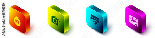 Set Isometric Exhibition with minerals, rocks, Photo camera, Soil analysis and Topographic map icon. Vector