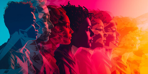 Abstract multi colored Group diversity silhouette multiethnic people from the side