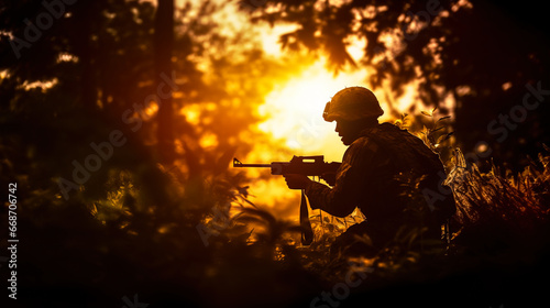 guerrilla warfare concept with army soldier silhouette fighting in jungle photo