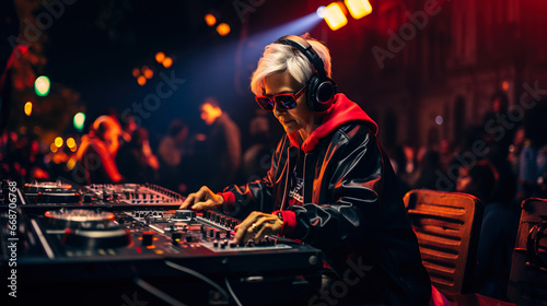 Senior lady Dj mixing in the club