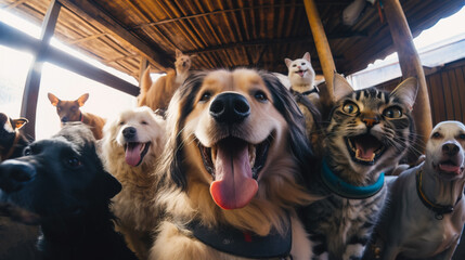 Funky group of domestic animals taking a selfie shot at the farm in barn,