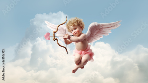 Adorable little cupid shooting arrow on Valentine's day photo