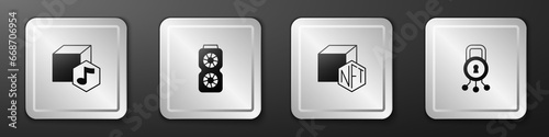 Set NFT Digital crypto art, Video graphic card, and Cyber security icon. Silver square button. Vector