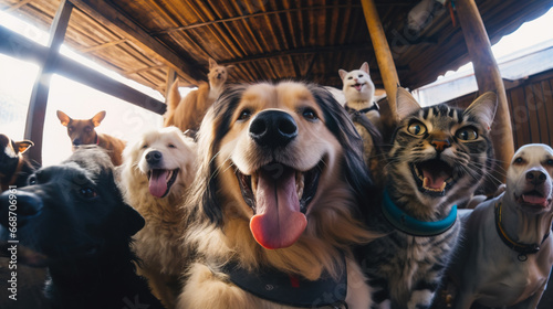 Funky group of domestic animals taking a selfie shot at the farm in barn, photo