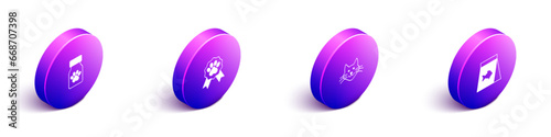 Set Isometric Medicine bottle and pills, Pet award symbol, Cat and Food for fish icon. Vector