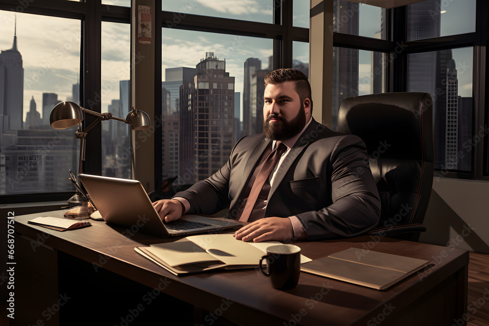 Plus-size CEO man sitting at his work place. Neural network generated photorealistic image. Not based on any actual person or scene. Plus-size CEO man sitting at his work place. Neural network generated photorealistic image. Not based on any actual person or scene.