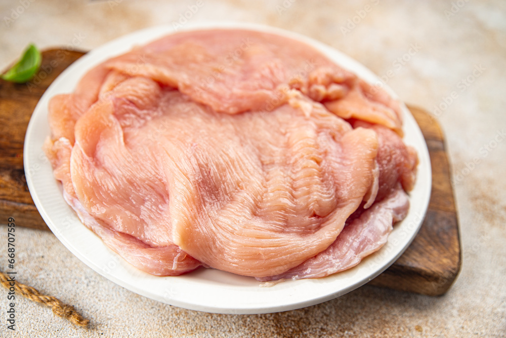 raw turkey fillet slice fresh poultry meat cooking meal food snack on the table copy space food background rustic top view raw turkey fillet slice fresh poultry meat cooking meal food snack on the table copy space food background rustic top view