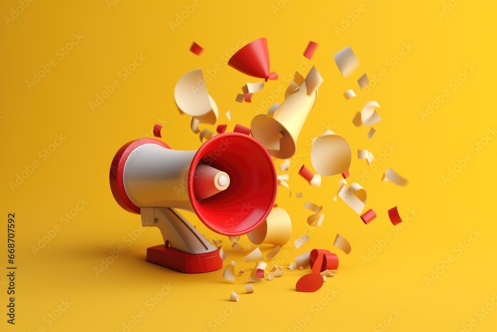 Red and white megaphone exploding on a yellow background