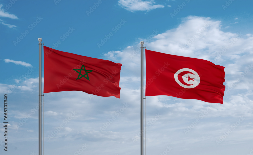 Tunisia and Morocco flags, country relationship concept Tunisia and Morocco flags, country relationship concept