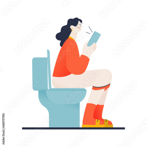 Modern flat vector illustration of young woman pissing or pooping, holding smartphone. Girl sitting on toilet bowl in lavatory. Beautiful female person spending time in restroom