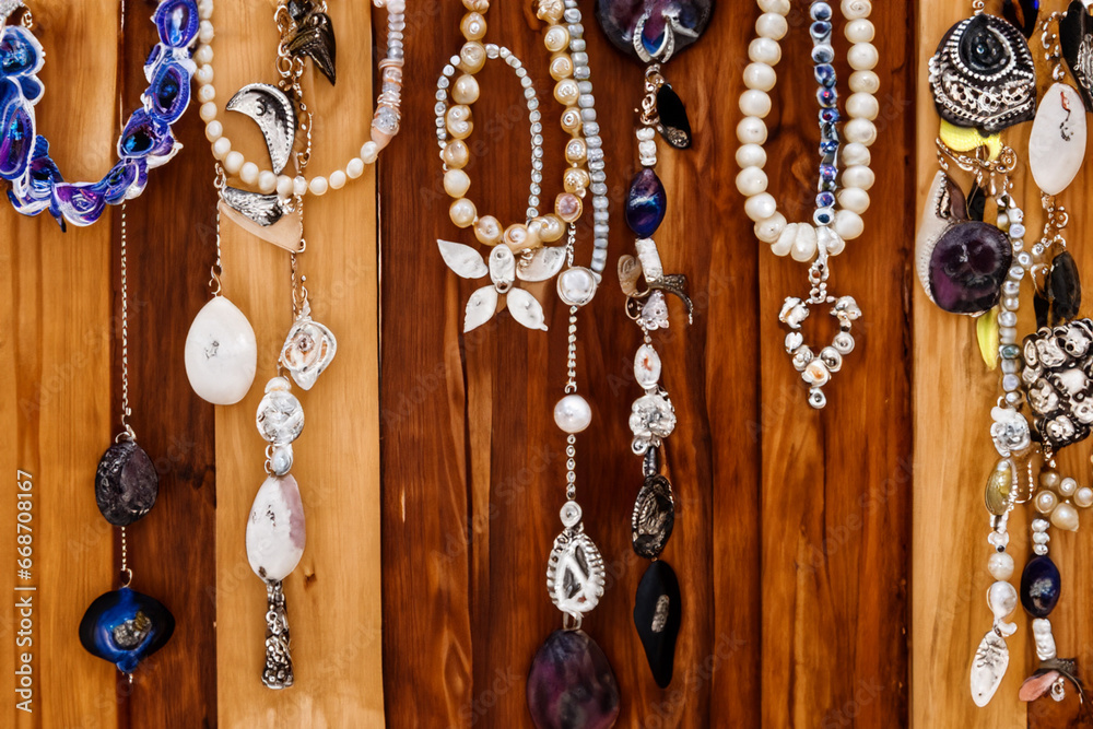 Fototapeta premium Handmade Jewelry Hanging from Rustic Wood