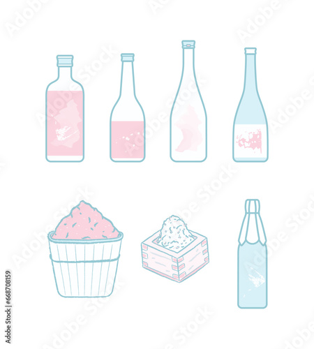 Alcoholic beverage wine bottles and miso in wooden box and barrel