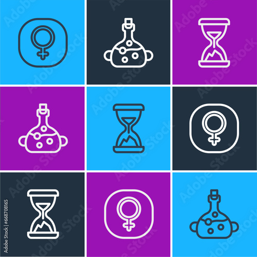 Set line Venus, Old hourglass with sand and Poison in bottle icon. Vector