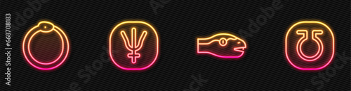 Set line Snake, Ouroboros, Neptune planet and Life. Glowing neon icon. Vector