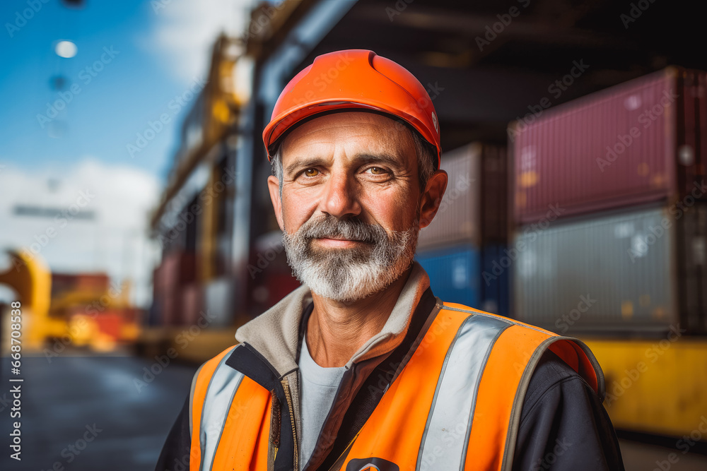 Portrait of worker in container port terminal. Worker in protective helmet and reflective vest walking through big storage and shipping port. Portrait of worker in container port terminal. Worker in protective helmet and reflective vest walking through big storage and shipping port.