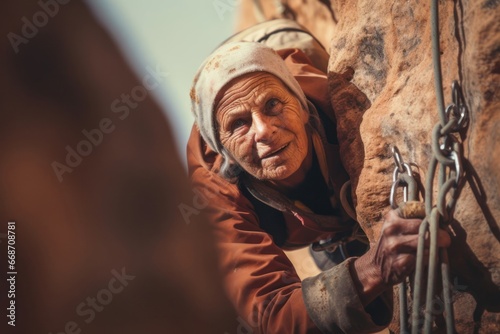 Arabic Female Elderly Cragsman Bouldering Background Generative AI