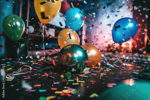 balloons and confetti on the room floor, party celebration moment