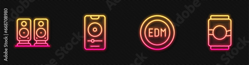 Set line EDM electronic dance music, Stereo speaker, Music player and Beer can. Glowing neon icon. Vector