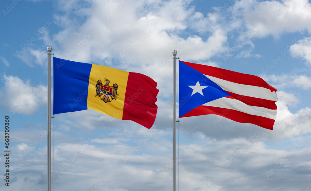 Puerto Rico and Moldova flags, country relationship concept