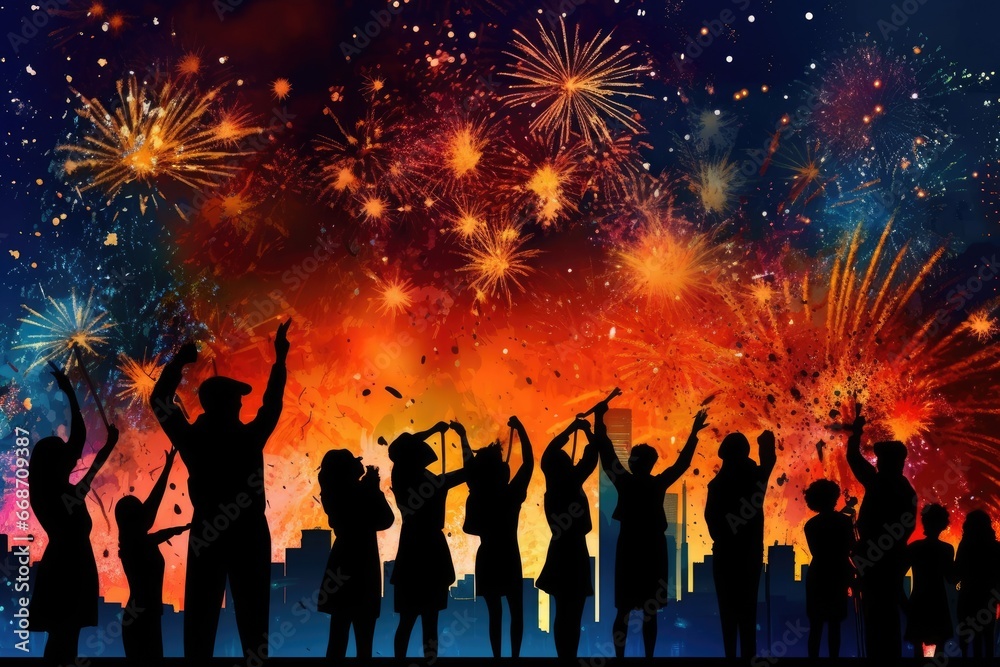 silhouette of a crowd of people celebrating the new year or another bright event with raised hands against the background of bright multi-colored fireworks