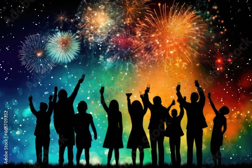 silhouette of a crowd of people celebrating the new year or another bright event with raised hands against the background of bright multi-colored fireworks