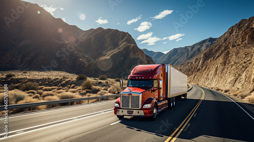 Closeup of a truck driving down a west coast road at sunny day