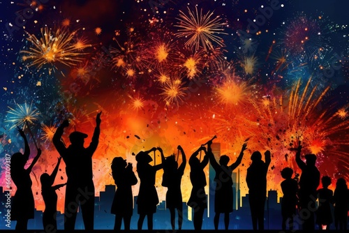 silhouette of a crowd of people celebrating the new year or another bright event with raised hands against the background of bright multi-colored fireworks © gankevstock