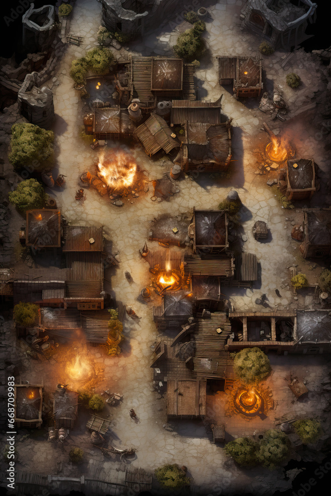 DnD Map Burning Orc Raid Village View.