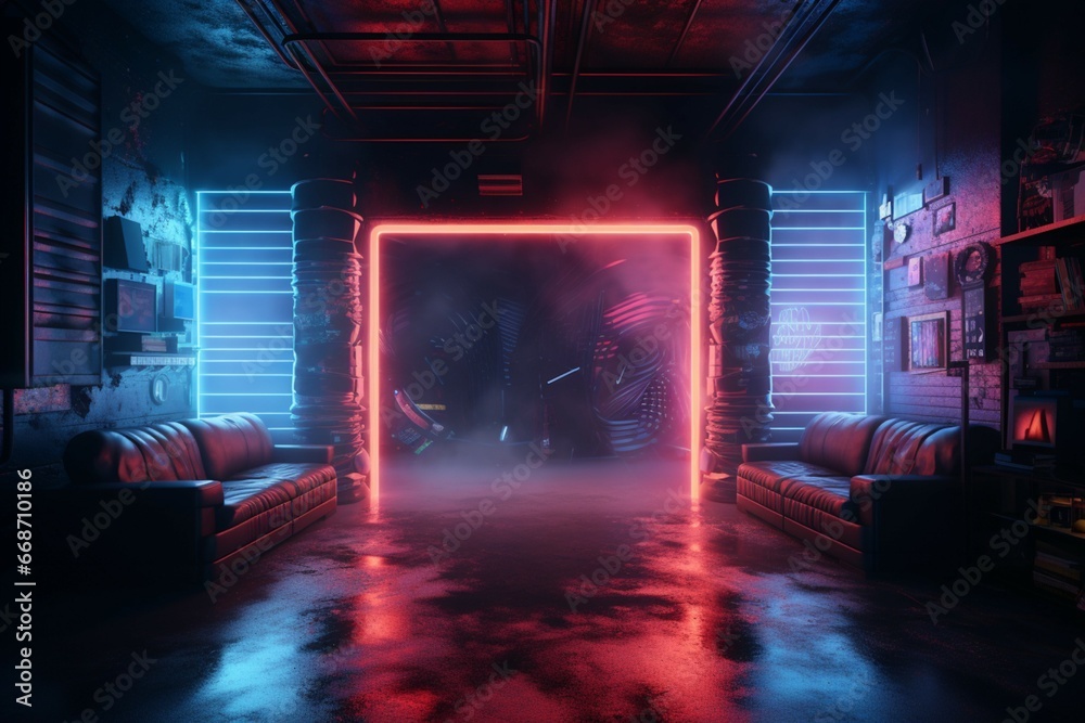 A 3D rendering exhibits a dark room adorned with mesmerizing neon lights - obrazy, fototapety, plakaty 