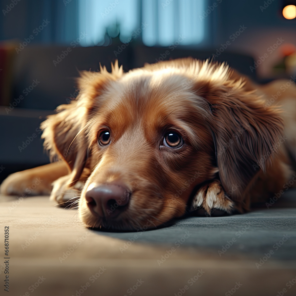 A dog sad and calm look. Looking at the camera.