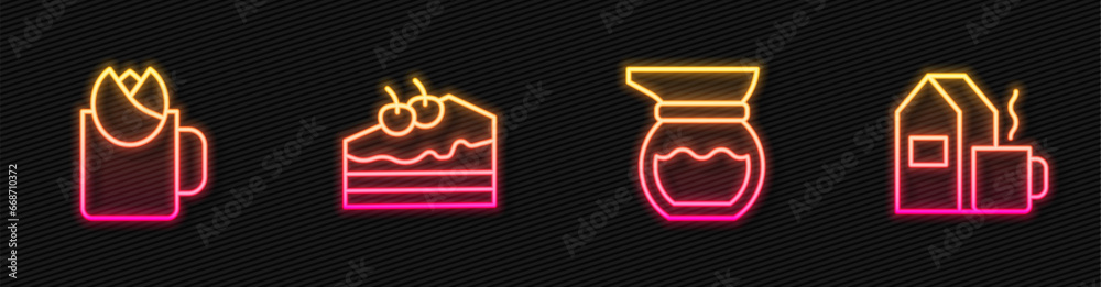 Set line Teapot, Cup of tea with rose, Piece cake and milk. Glowing neon icon. Vector Set line Teapot, Cup of tea with rose, Piece cake and milk. Glowing neon icon. Vector
