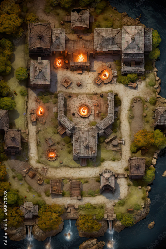 DnD Map Flaming Village from Above: Stone Keep