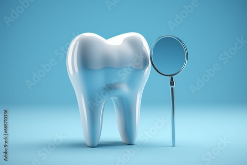 3D illustration rendering depicts dental inspection with a mirror on a blue background